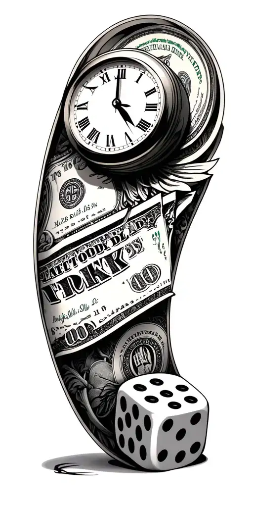 Money, with a clock and dices that say risk/rich tattoo design idea