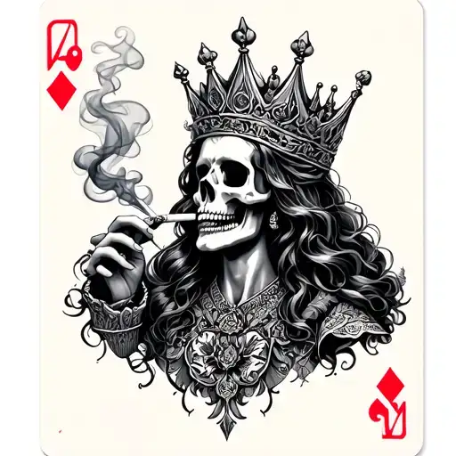 "Skull King in smoke" Dead queen card smoking a cigarette tattoo design idea