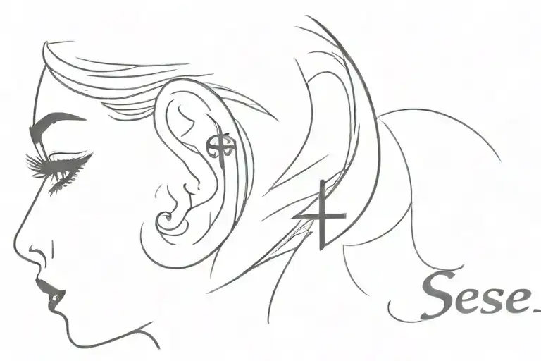 behind ear cross tattoo featuring the letters s e s e tattoo design idea