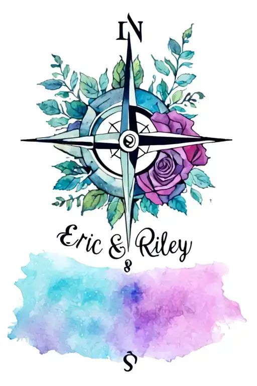 roses, compass, names Eric & Riley tattoo tattoo design idea