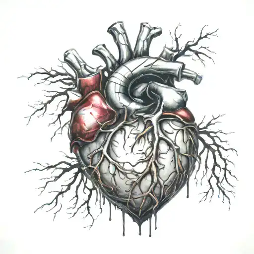 Silver Realistic Human Heart, bleeding, wrapped in thorns, bloody, Black red, veins Vessels, Aorta valve, dripping blood tattoo design idea