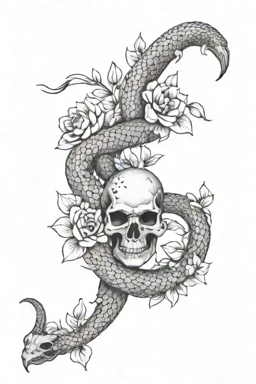 The artwork is a detailed black-and-white illustration of a skeletal snake with two heads intertwined with a blooming ro tattoo design idea