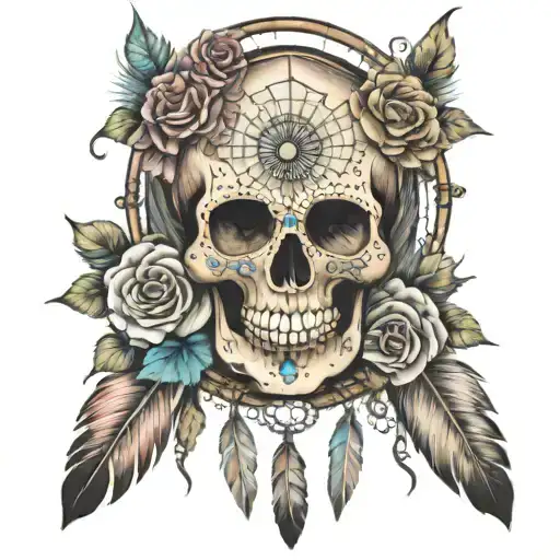sugar skulls around a dreamcatcher with feathers and rainbow colored roses tattoo design idea