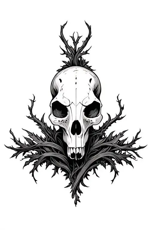 animal skull adorned in gothic nature motifs and vines  tattoo design idea