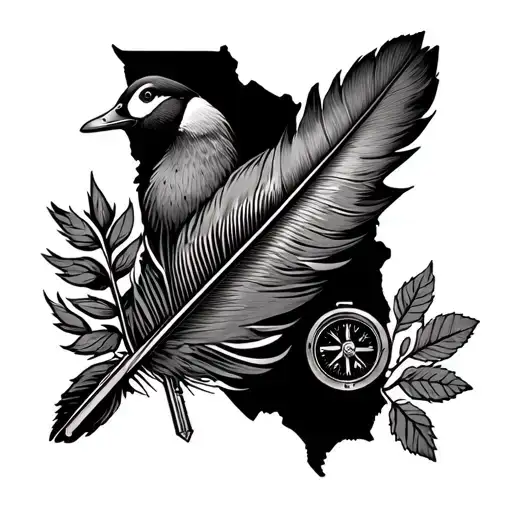 a duck or phesant feather, a map of the CA/NV sierras, gm truck and jeep keys, a compass and a rose tattoo design idea