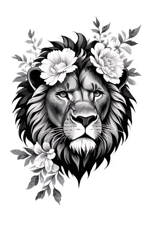 lions head, flowers wrapped tattoo design idea