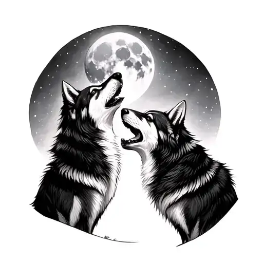 tattoo for a gay couple depicting two wolves howling towards the moon. tattoo design idea