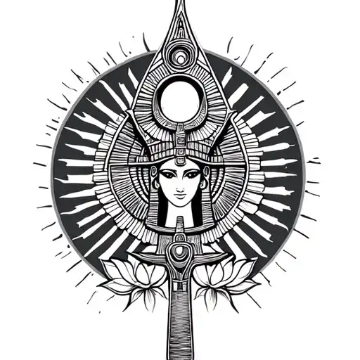 Egyptian goddess isis in the shape of an ankh with a lotus at the bottom and rising sun behind her tattoo design idea