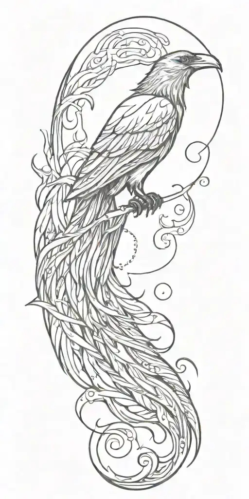 raven, medusa, fire, waves, and feathers falling tattoo design idea