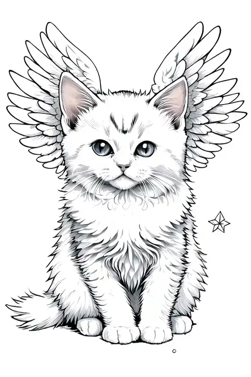 white fluffy kitten with angel wings spread wide tattoo design idea