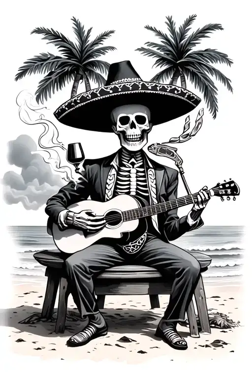 skeleton mariachi band, drinking, smoking, and playing music on the beach. add palm trees tattoo design idea