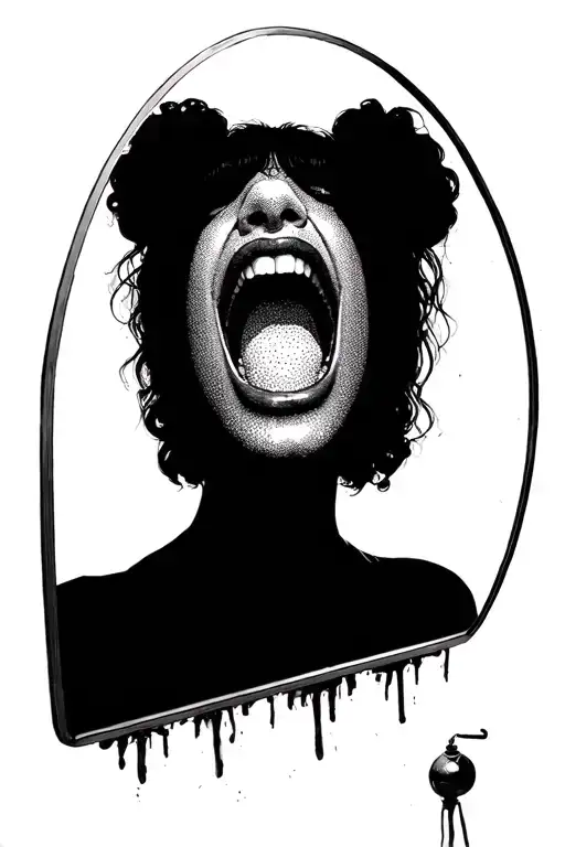 A girl with a huge mouth of a stranger looks in the mirror tattoo design idea