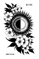 abstract geometric black and white sun tattoo, date 09.27.2023, surrounded by aster and morning glory flowers tattoo design idea