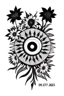 abstract geometric black and white sun tattoo, date 09.27.2023, surrounded by aster and morning glory flowers tattoo design idea