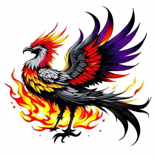 A colorful phoenix tattoo emerging from flames, detailed feathers in shades of red, orange, yellow, and purple, wings wi tattoo design idea