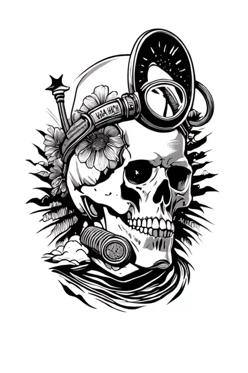 skull wearing HALO HAHO oxygen mask admiring a sunset scene tattoo design idea