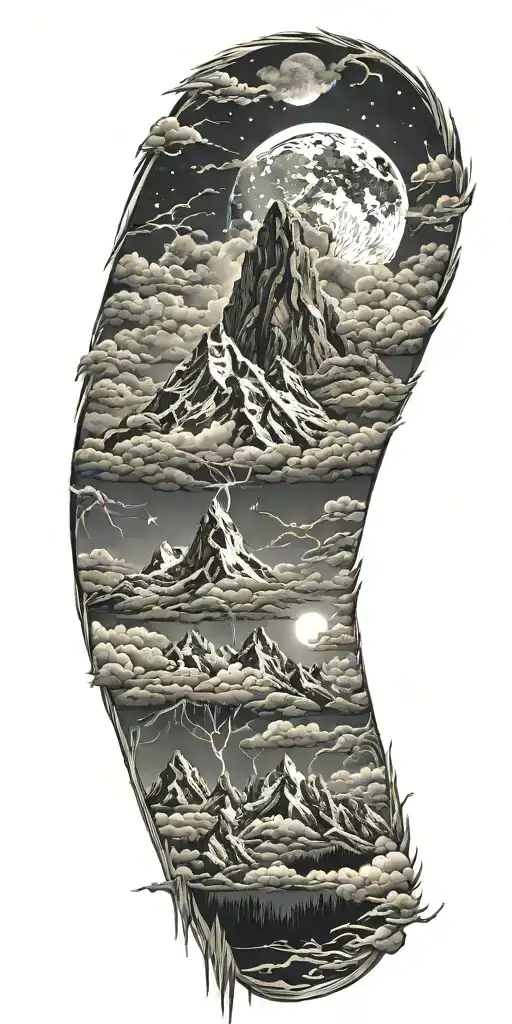 intricate tattoo thunderstorms, clouds with many lightning strikes moon transition to matterhorn tattoo design idea