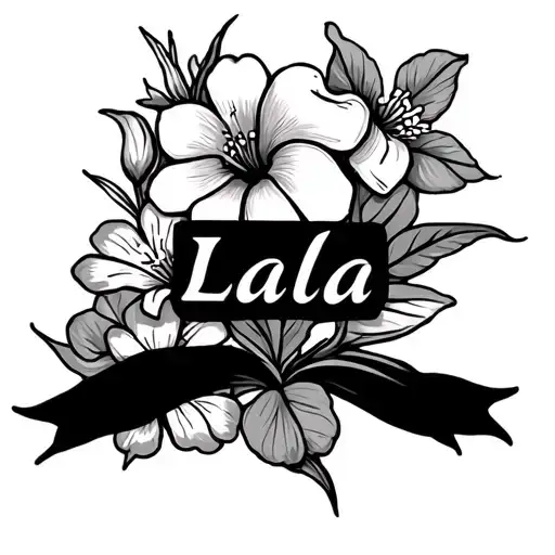 multiple Hawaiian flowers with the name Lala in the middle on forearm tattoo design idea
