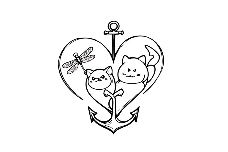 heart and anchor connected line with dragonfly and snorlax head inbetween the heart and anchor tattoo design idea
