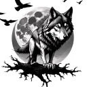 wolf dark sky full moon dead tree crows flying tattoo design idea