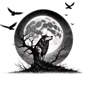 wolf dark sky full moon dead tree crows flying tattoo design idea