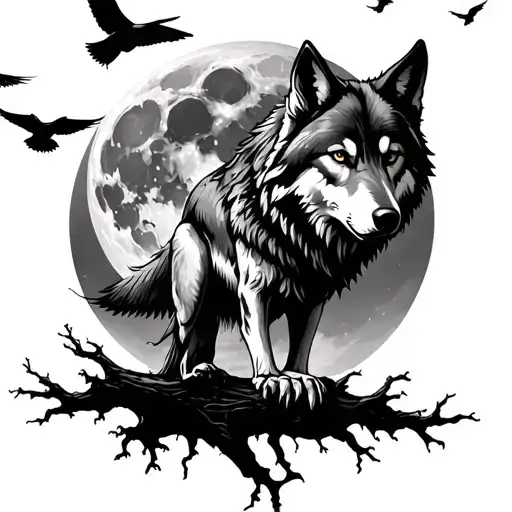 wolf dark sky full moon dead tree crows flying tattoo design idea