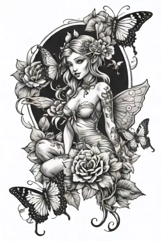 elf fairy pinup girl surrounded by flowers and butterflies tattoo design idea