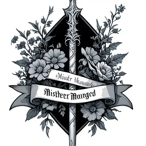 elder wand intertwined with a banner satying mischief managed with flowers behind it tattoo design idea