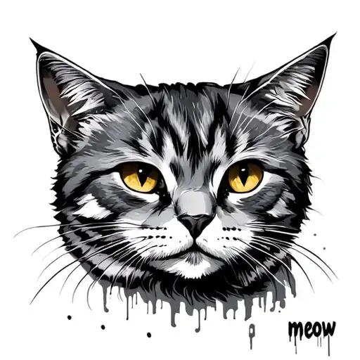 a panel block in the background like in russia with a grafitti on the one side that says 'meow'' tattoo design idea