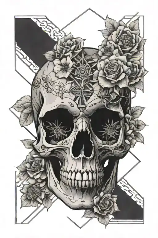 skull geometric with third eye an floral connections tattoo design idea