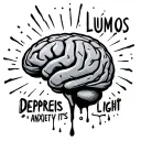 a bleeding brain with anxiety happy depression with a word saying lumos and there is light around it tattoo design idea