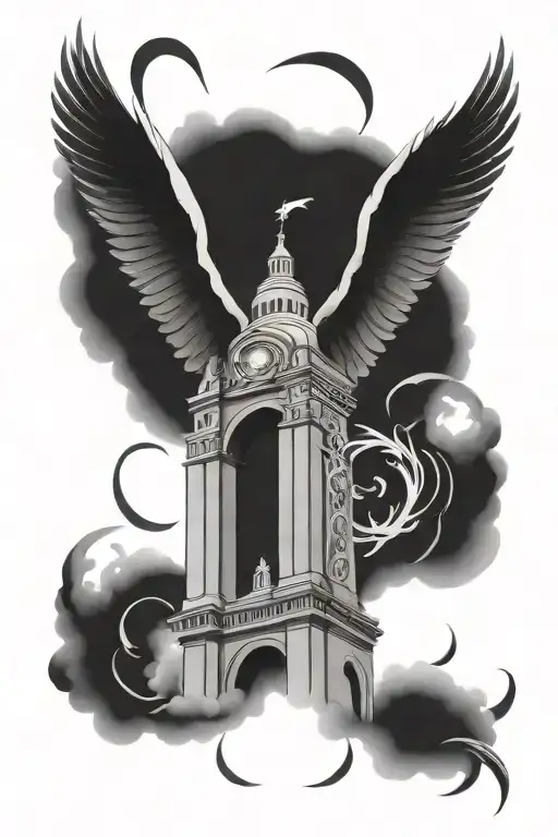 A tattoo design of a stylized St. Louis arch surrounded by angelic wings, combining the client's favorite city with their faith in god tattoo design idea