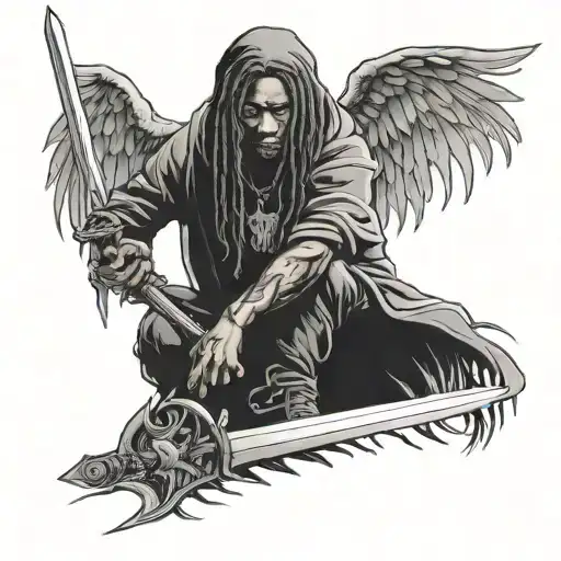black angel with dreads holding a sword wearing a hoodie tattoo design idea