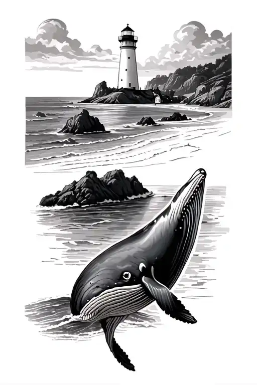lighthouse whale bay with cliffs and a beach scene tattoo design idea