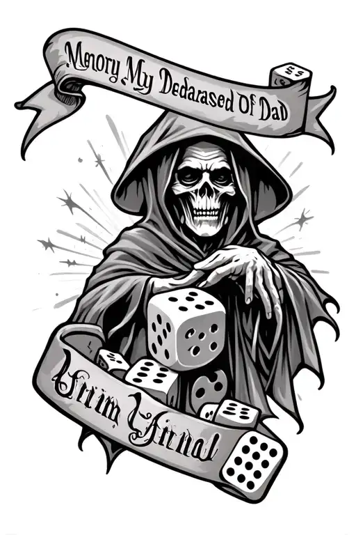 rolling dice with banner memory of my deceased dad with grim reaper  tattoo design idea