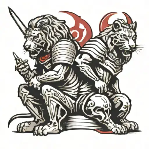 kneeling knights templar and lion head tattoo design idea