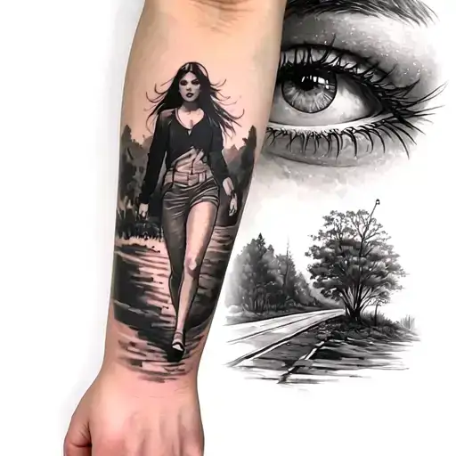forearm tattoo with realistic eye and woman walking on a road tattoo design idea