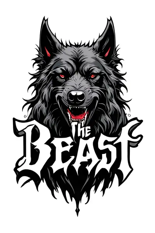 the word beast with demonic hellhound sillouette tattoo design idea