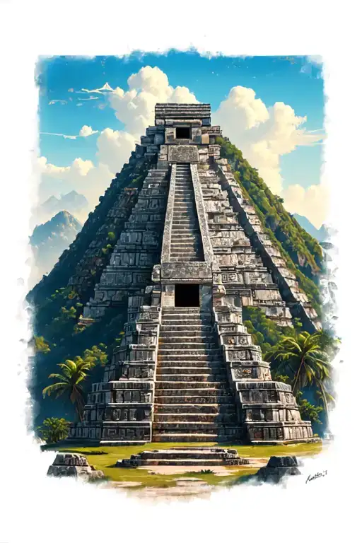 Ajolote Azteca temple covered mountain back drop tattoo design idea