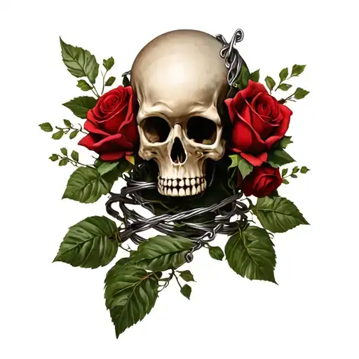arm sleeve with bones and roses,with bar wire wrapped around the bones tattoo design idea
