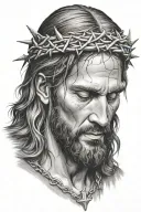 Hyper realistic portrait of Jesus Christ with a crown of thorns, looking down , loving expression, blood drippin  tattoo design idea