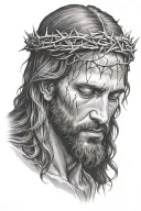 Hyper realistic portrait of Jesus Christ with a crown of thorns, looking down , loving expression, blood drippin  tattoo design idea