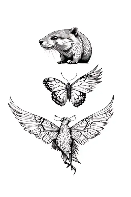 four animals, otter, bear, butterfly and phoenix connected vertically together.  tattoo design idea