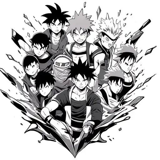 tattoo where anime characters Naruto,goku,luffy,zoro,gojo,zenitsu,killua,yuji,Sung Jinwoo, are coming out of a krystal a tattoo design idea