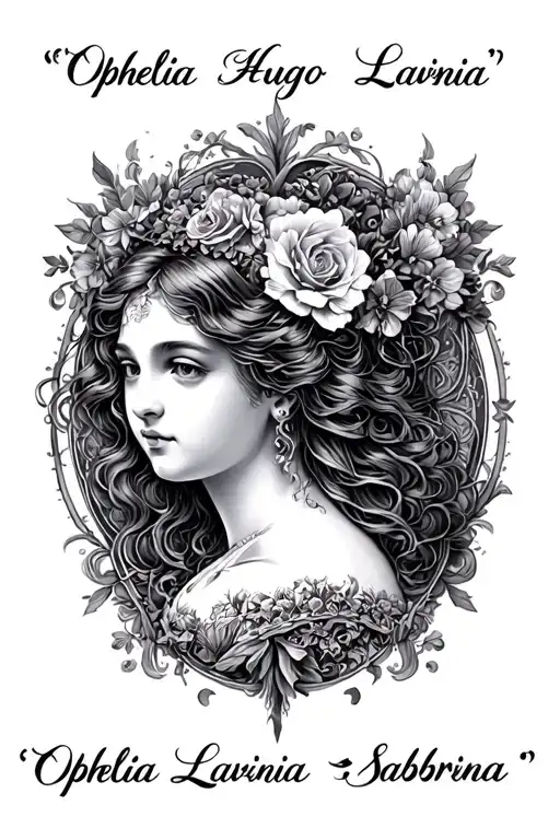 "Ophelia Hugo Lavinia Sabrina " "Ophelia Hugo Lavinia Sabrina " renaissance style tattoo design idea