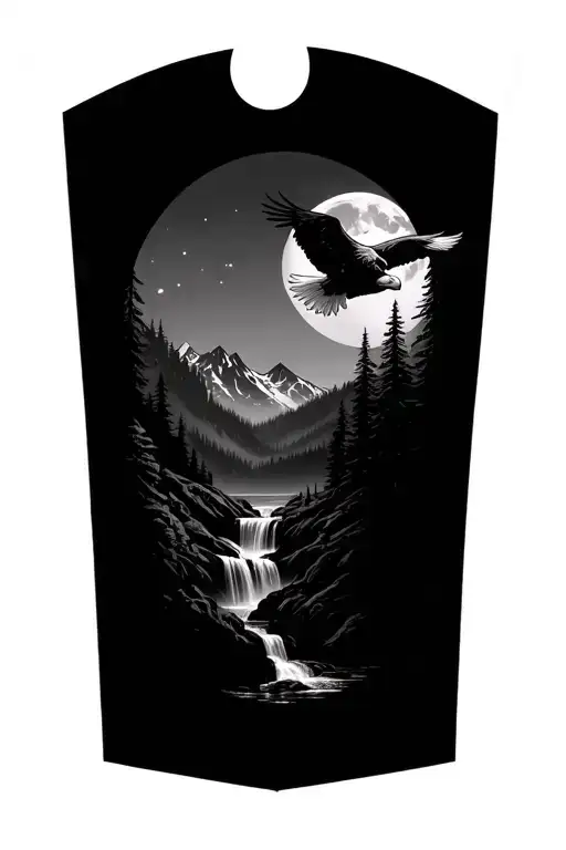 forest with a waterfall in the middle, no mountains and a bald eagle flying with a moon in the background tattoo design idea