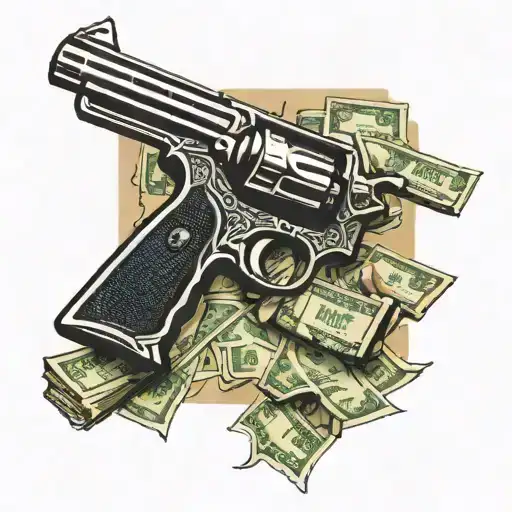 get rich or die tryin font with a gun and 100 dollar bills in the middle tattoo design idea