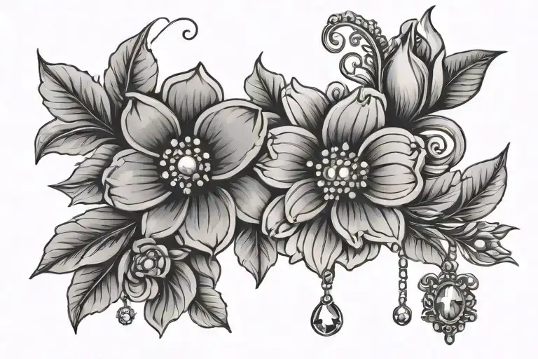 cute Flowers with dangly charms hanging with diamonds tattoo design idea