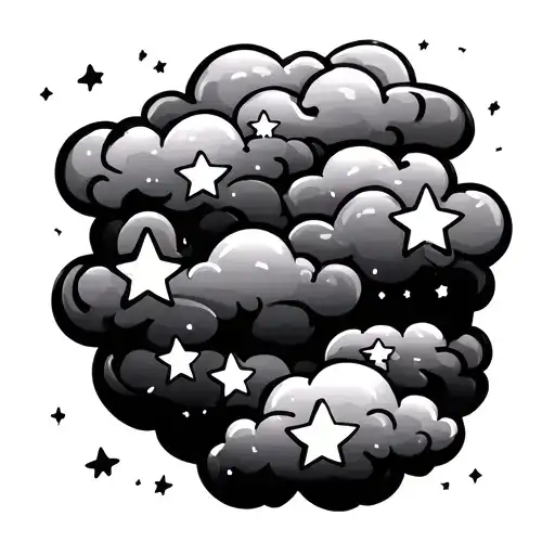 dreamy wispy cloud scene with rounded cartoon stars with focus on the stars tattoo design idea