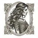 young brunette woman with a long lustrous wavy hair wearing a eduardian lace dress framed within an oval border tattoo design idea